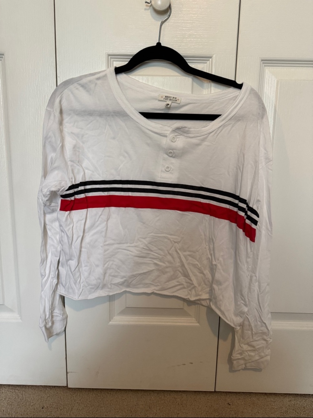 Large Striped Henley Crop Top in White with Red and Black Bands